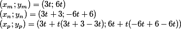 (x_m;y_m)=(3t;6t)
 \\ (x_n;y_n)=(3t+3;-6t+6)
 \\ (x_p;y_p)=(3t+t(3t+3-3t);6t+t(-6t+6-6t))